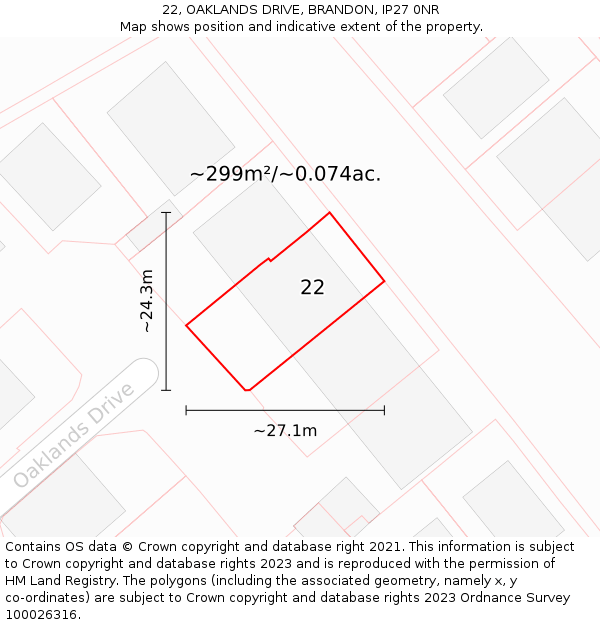22, OAKLANDS DRIVE, BRANDON, IP27 0NR: Plot and title map