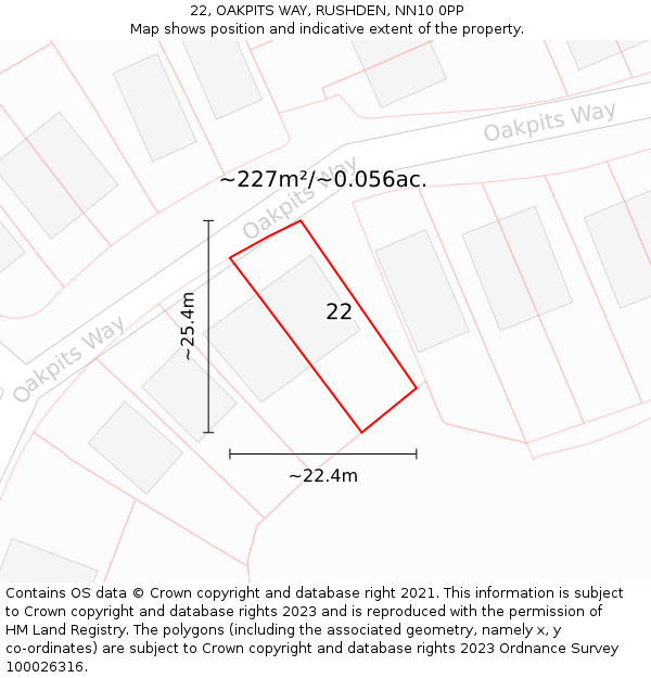 22, OAKPITS WAY, RUSHDEN, NN10 0PP: Plot and title map