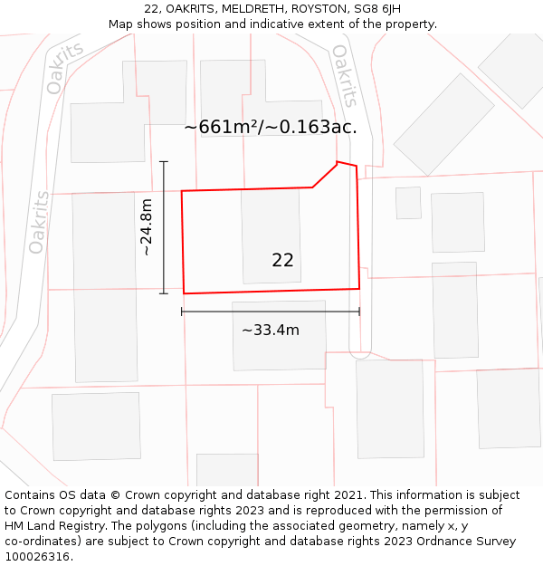 22, OAKRITS, MELDRETH, ROYSTON, SG8 6JH: Plot and title map