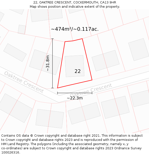 22, OAKTREE CRESCENT, COCKERMOUTH, CA13 9HR: Plot and title map