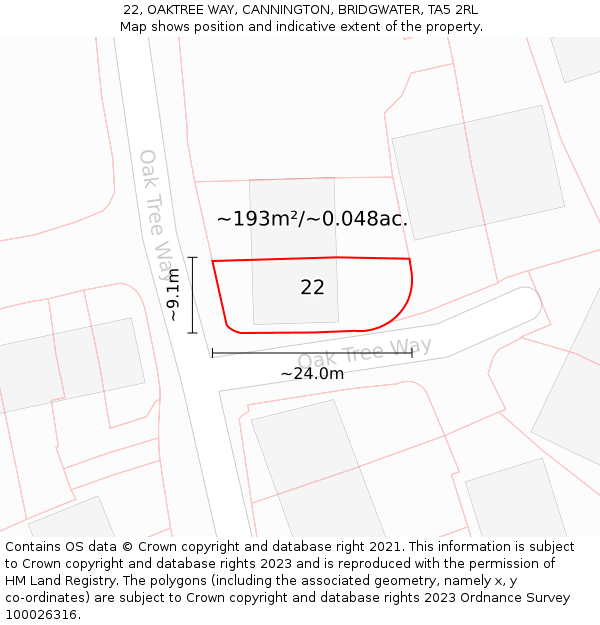 22, OAKTREE WAY, CANNINGTON, BRIDGWATER, TA5 2RL: Plot and title map
