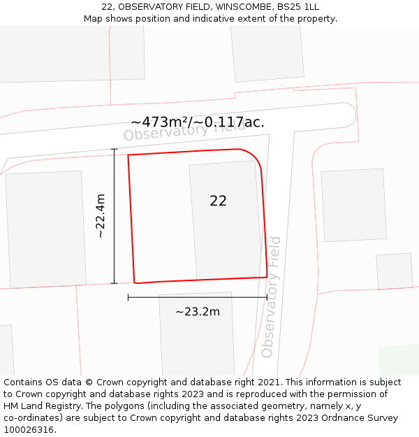 22, OBSERVATORY FIELD, WINSCOMBE, BS25 1LL: Plot and title map