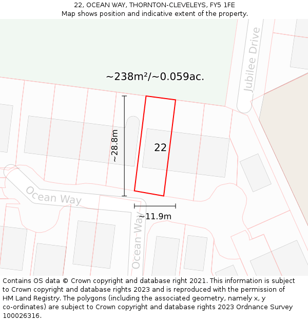 22, OCEAN WAY, THORNTON-CLEVELEYS, FY5 1FE: Plot and title map