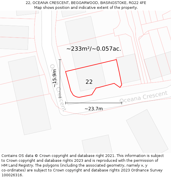 22, OCEANA CRESCENT, BEGGARWOOD, BASINGSTOKE, RG22 4FE: Plot and title map