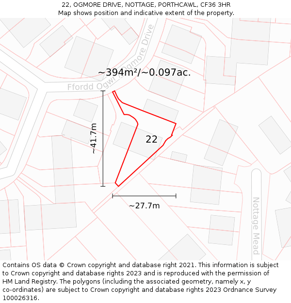22, OGMORE DRIVE, NOTTAGE, PORTHCAWL, CF36 3HR: Plot and title map