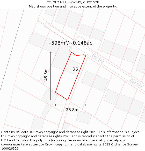 22, OLD HILL, WOKING, GU22 0DF: Plot and title map