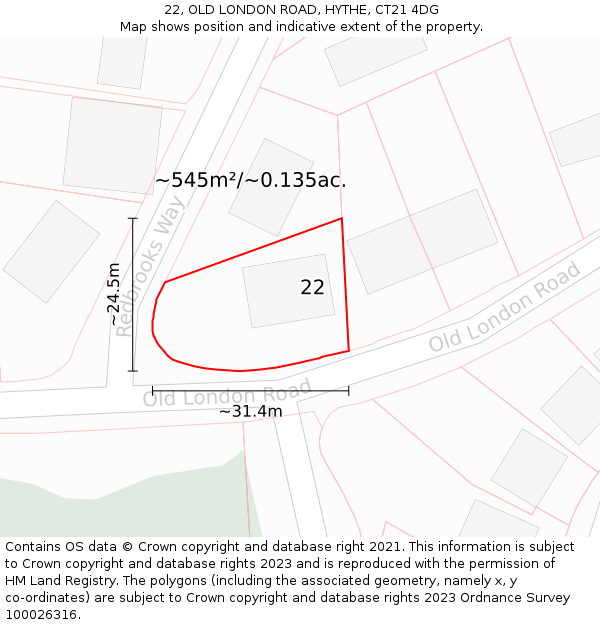 22, OLD LONDON ROAD, HYTHE, CT21 4DG: Plot and title map