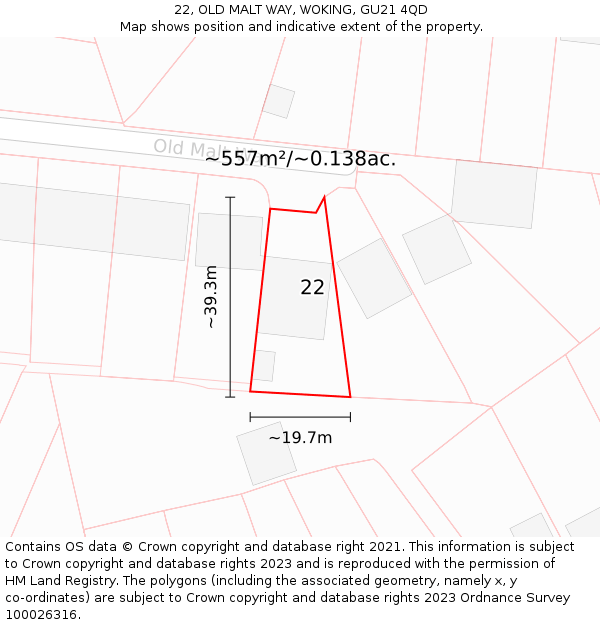 22, OLD MALT WAY, WOKING, GU21 4QD: Plot and title map