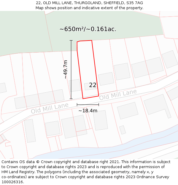 22, OLD MILL LANE, THURGOLAND, SHEFFIELD, S35 7AG: Plot and title map