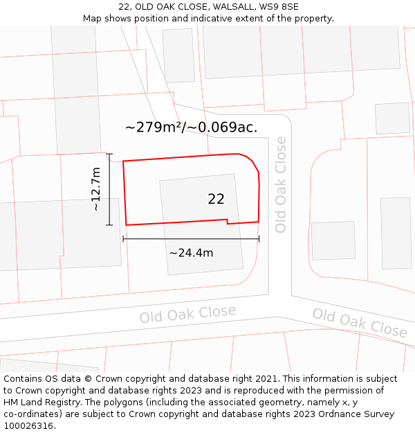 22, OLD OAK CLOSE, WALSALL, WS9 8SE: Plot and title map