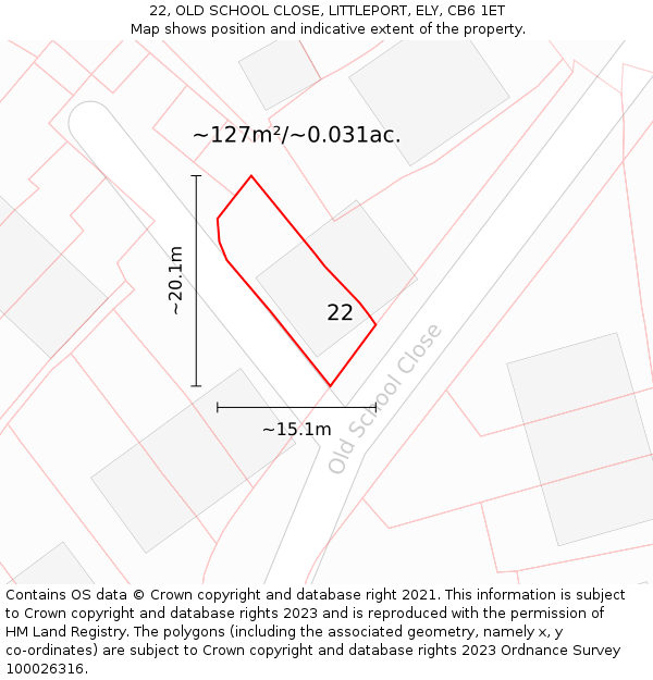 22, OLD SCHOOL CLOSE, LITTLEPORT, ELY, CB6 1ET: Plot and title map