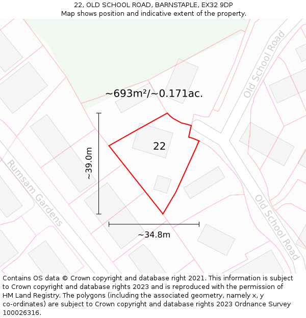 22, OLD SCHOOL ROAD, BARNSTAPLE, EX32 9DP: Plot and title map