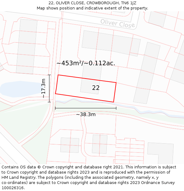 22, OLIVER CLOSE, CROWBOROUGH, TN6 1JZ: Plot and title map