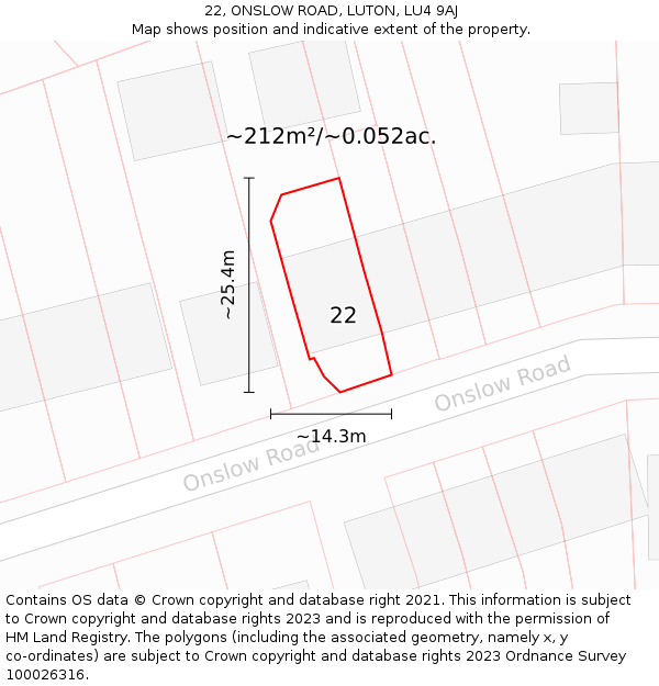 22, ONSLOW ROAD, LUTON, LU4 9AJ: Plot and title map