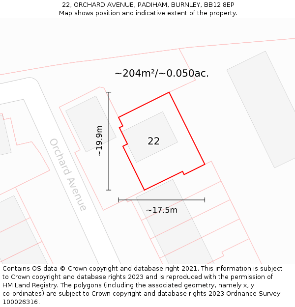 22, ORCHARD AVENUE, PADIHAM, BURNLEY, BB12 8EP: Plot and title map