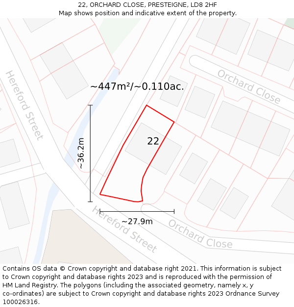22, ORCHARD CLOSE, PRESTEIGNE, LD8 2HF: Plot and title map