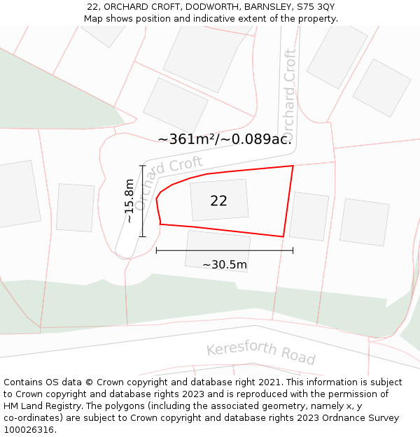 22, ORCHARD CROFT, DODWORTH, BARNSLEY, S75 3QY: Plot and title map
