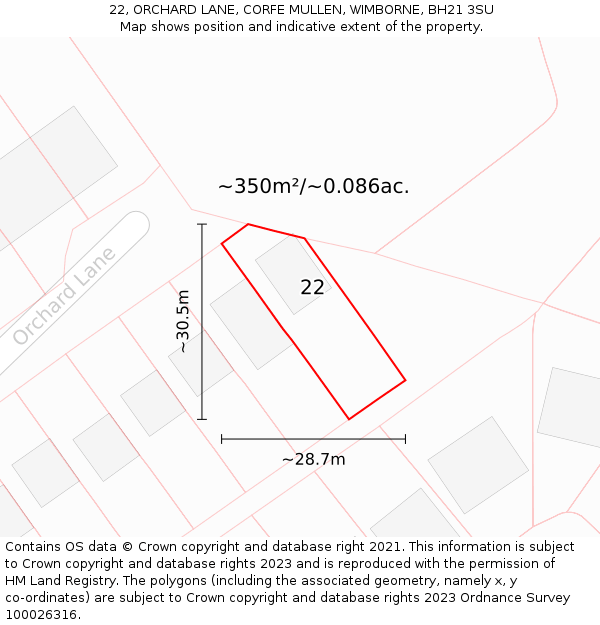 22, ORCHARD LANE, CORFE MULLEN, WIMBORNE, BH21 3SU: Plot and title map