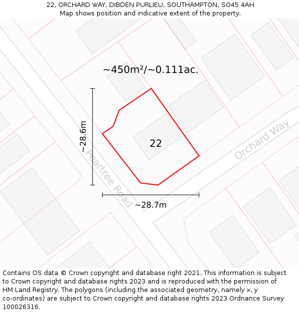 22, ORCHARD WAY, DIBDEN PURLIEU, SOUTHAMPTON, SO45 4AH: Plot and title map