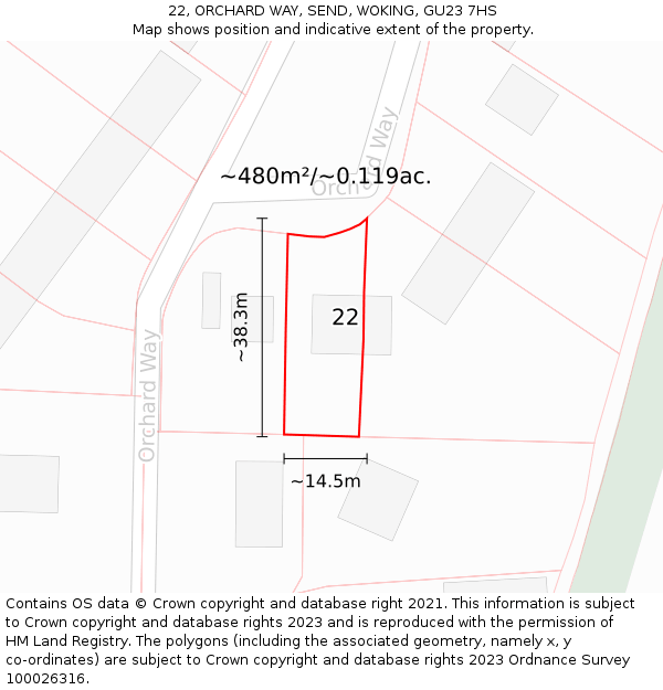 22, ORCHARD WAY, SEND, WOKING, GU23 7HS: Plot and title map