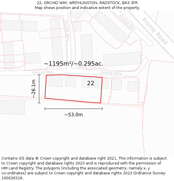 22, ORCHID WAY, WRITHLINGTON, RADSTOCK, BA3 3FR: Plot and title map