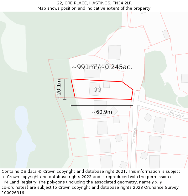 22, ORE PLACE, HASTINGS, TN34 2LR: Plot and title map