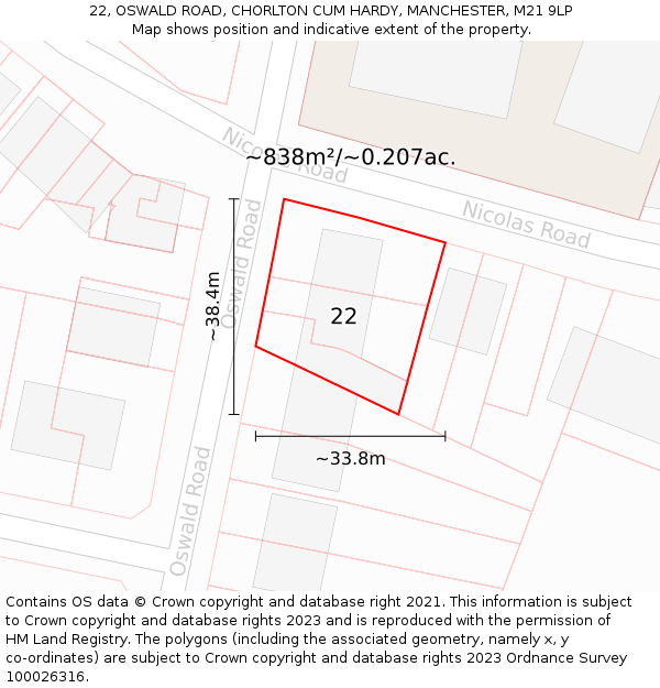 22, OSWALD ROAD, CHORLTON CUM HARDY, MANCHESTER, M21 9LP: Plot and title map