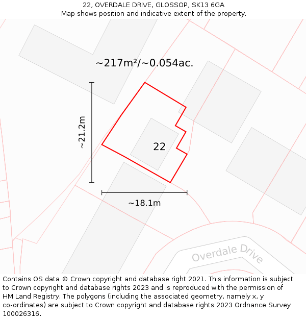 22, OVERDALE DRIVE, GLOSSOP, SK13 6GA: Plot and title map