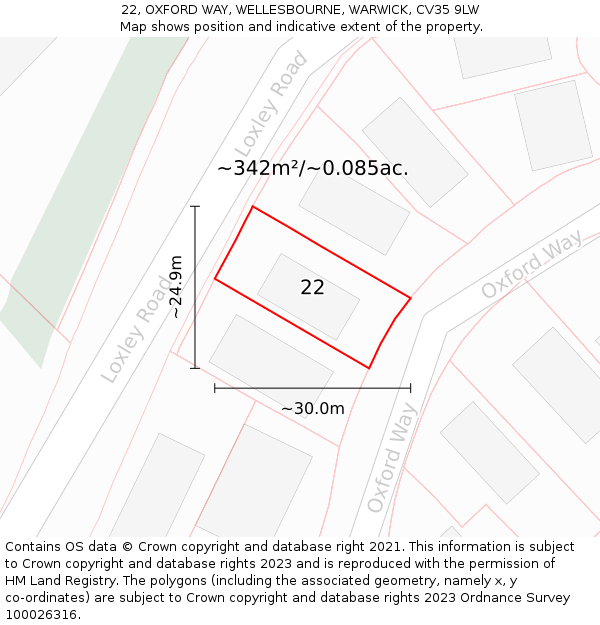 22, OXFORD WAY, WELLESBOURNE, WARWICK, CV35 9LW: Plot and title map