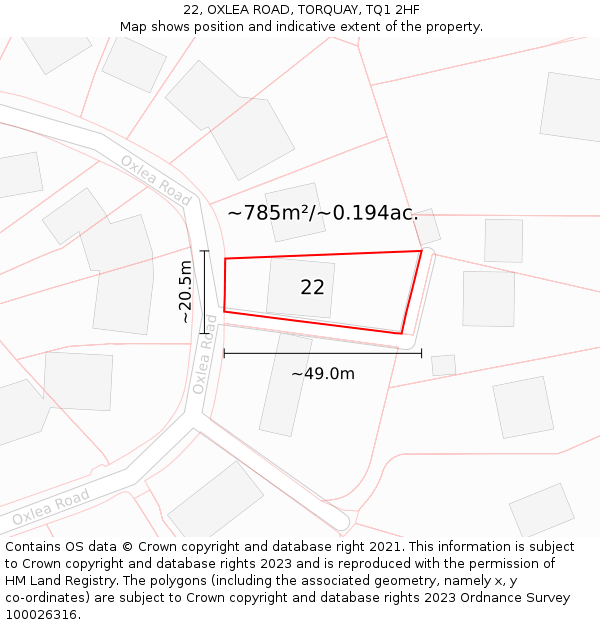 22, OXLEA ROAD, TORQUAY, TQ1 2HF: Plot and title map