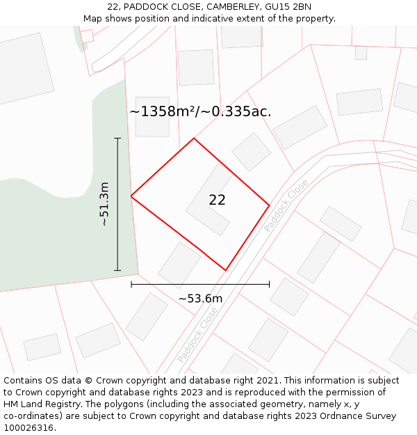 22, PADDOCK CLOSE, CAMBERLEY, GU15 2BN: Plot and title map