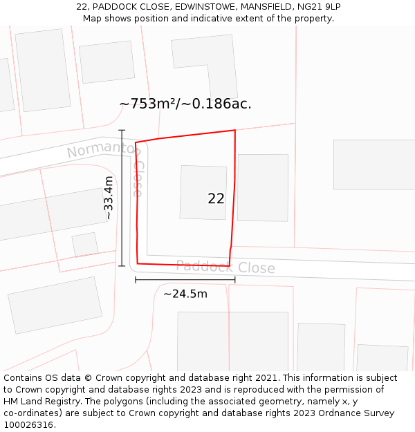 22, PADDOCK CLOSE, EDWINSTOWE, MANSFIELD, NG21 9LP: Plot and title map