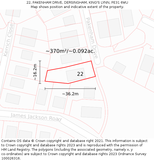22, PAKENHAM DRIVE, DERSINGHAM, KING'S LYNN, PE31 6WU: Plot and title map