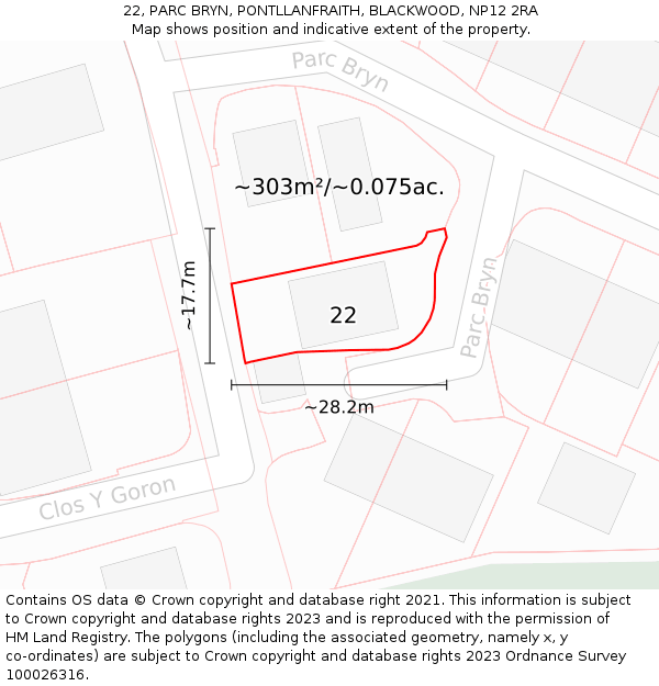 22, PARC BRYN, PONTLLANFRAITH, BLACKWOOD, NP12 2RA: Plot and title map