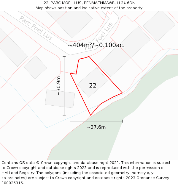 22, PARC MOEL LUS, PENMAENMAWR, LL34 6DN: Plot and title map