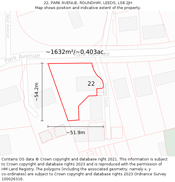 22, PARK AVENUE, ROUNDHAY, LEEDS, LS8 2JH: Plot and title map