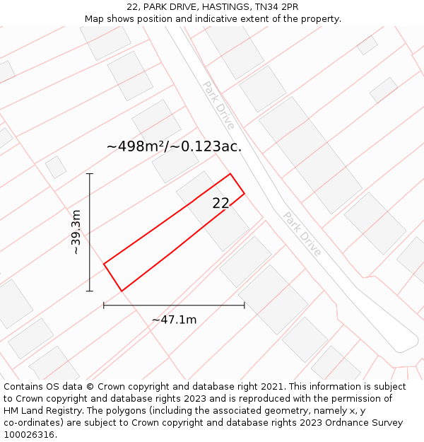 22, PARK DRIVE, HASTINGS, TN34 2PR: Plot and title map