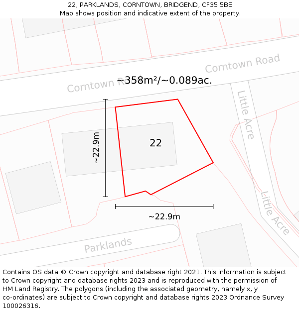 22, PARKLANDS, CORNTOWN, BRIDGEND, CF35 5BE: Plot and title map