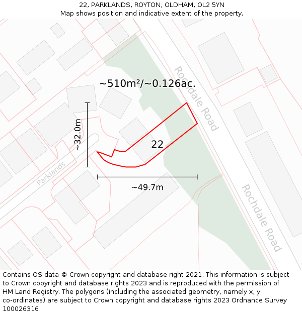 22, PARKLANDS, ROYTON, OLDHAM, OL2 5YN: Plot and title map