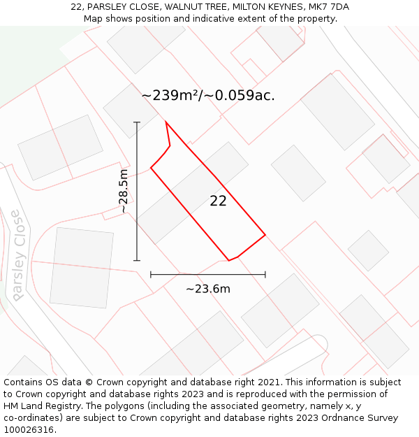22, PARSLEY CLOSE, WALNUT TREE, MILTON KEYNES, MK7 7DA: Plot and title map