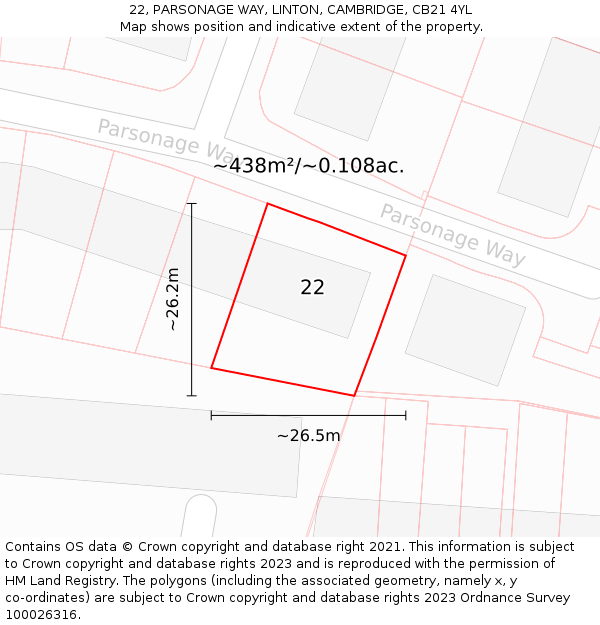 22, PARSONAGE WAY, LINTON, CAMBRIDGE, CB21 4YL: Plot and title map