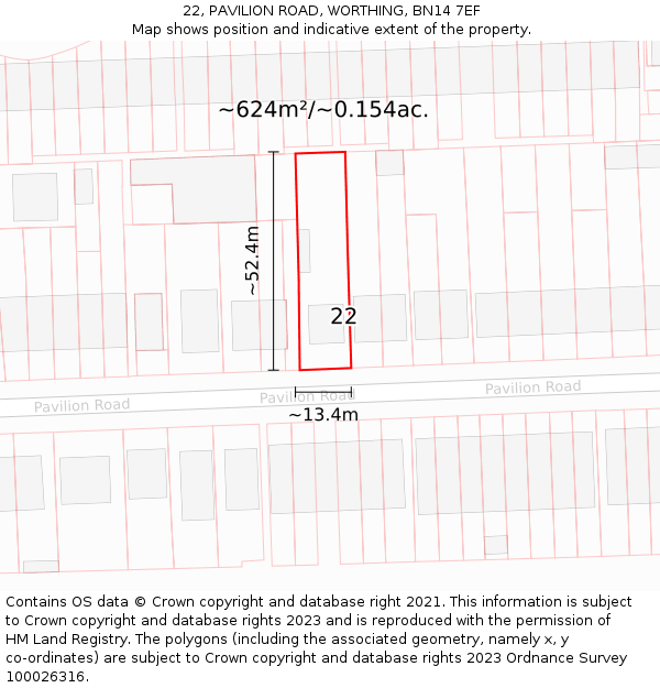 22, PAVILION ROAD, WORTHING, BN14 7EF: Plot and title map