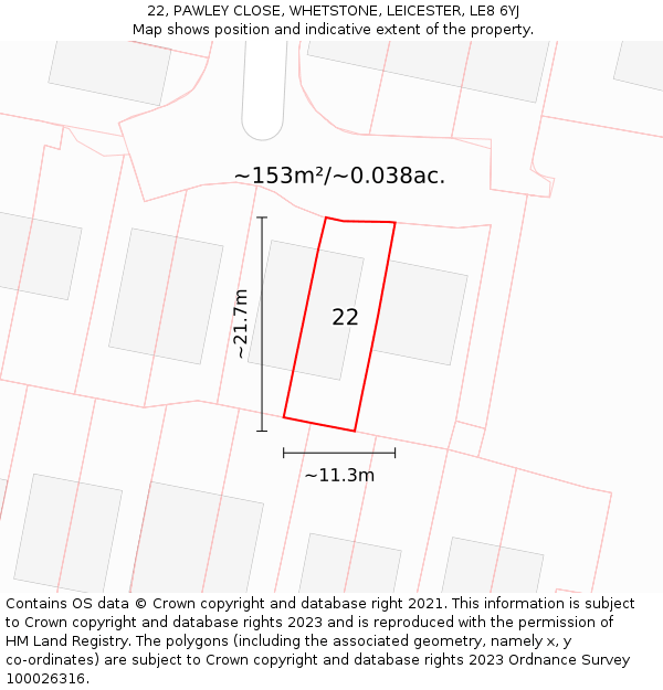 22, PAWLEY CLOSE, WHETSTONE, LEICESTER, LE8 6YJ: Plot and title map