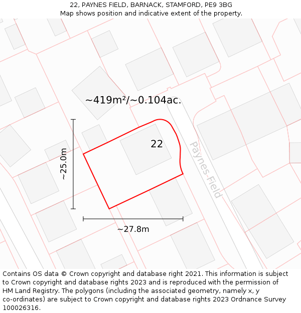 22, PAYNES FIELD, BARNACK, STAMFORD, PE9 3BG: Plot and title map