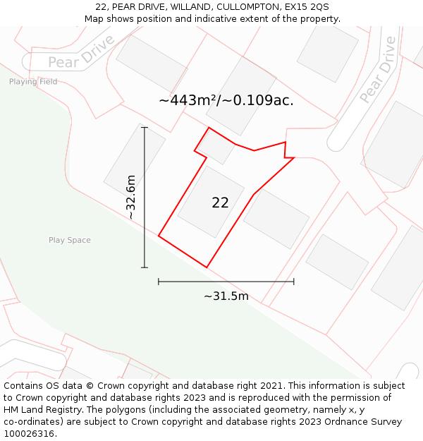 22, PEAR DRIVE, WILLAND, CULLOMPTON, EX15 2QS: Plot and title map