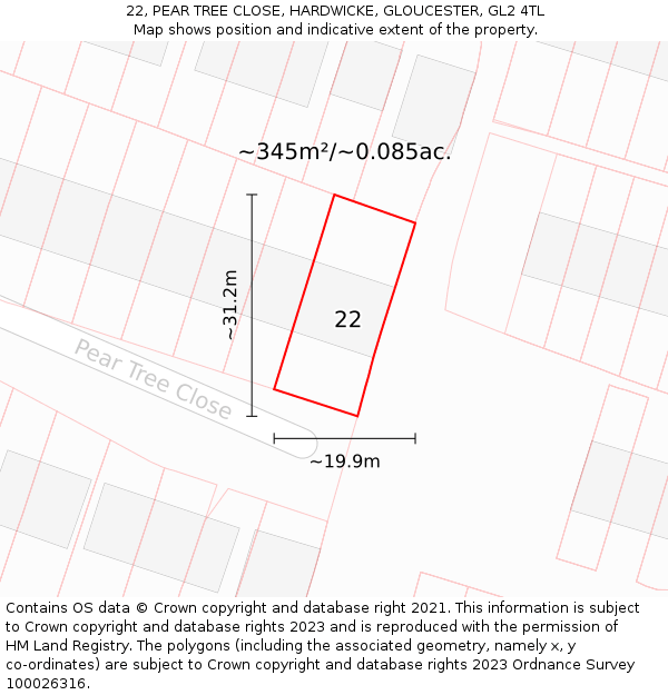 22, PEAR TREE CLOSE, HARDWICKE, GLOUCESTER, GL2 4TL: Plot and title map