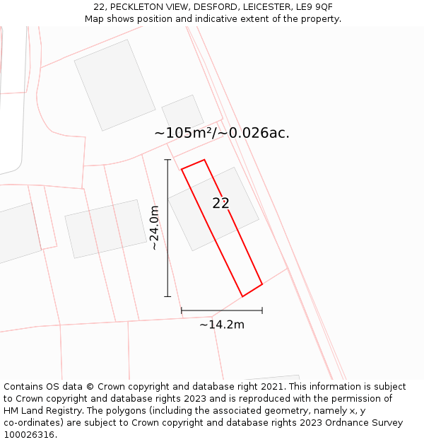 22, PECKLETON VIEW, DESFORD, LEICESTER, LE9 9QF: Plot and title map