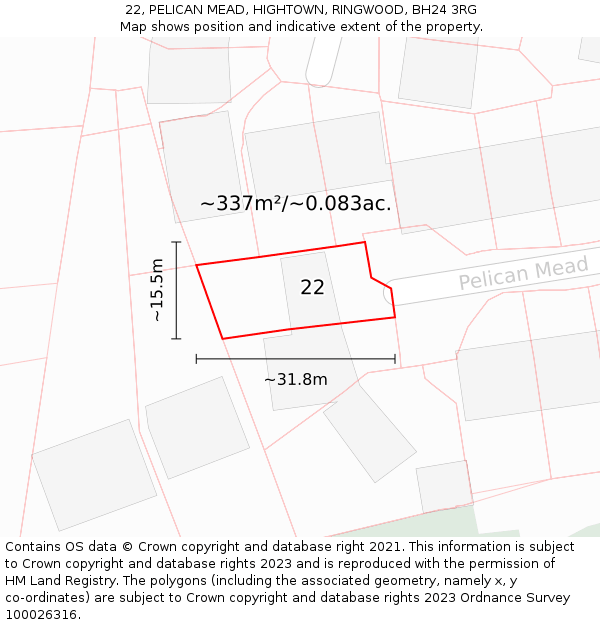 22, PELICAN MEAD, HIGHTOWN, RINGWOOD, BH24 3RG: Plot and title map