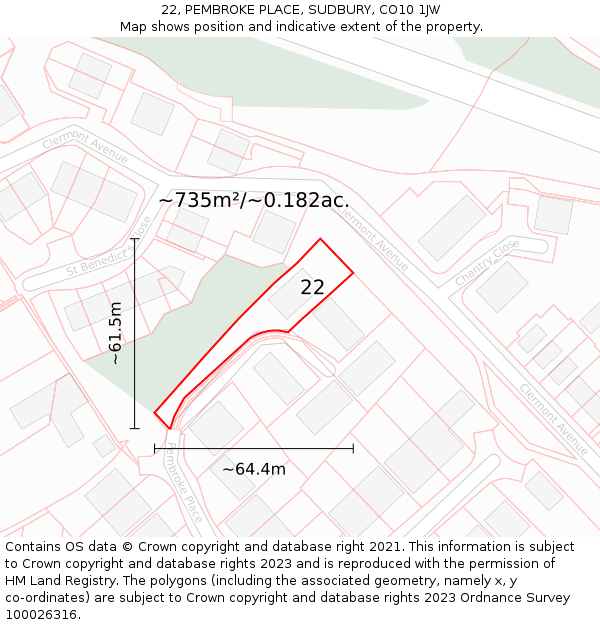 22, PEMBROKE PLACE, SUDBURY, CO10 1JW: Plot and title map