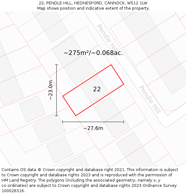 22, PENDLE HILL, HEDNESFORD, CANNOCK, WS12 1LW: Plot and title map